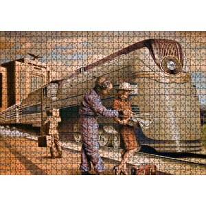 Fütüristik Tren Ve Eski Kıyafetli Yolcular Puzzle Yapboz Mdf Ahşap 1000 Parça