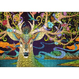 Süslemeli Boynuzlarıyla Geyik İllüstrasyon Puzzle Yapboz Mdf Ahşap 500 Parça