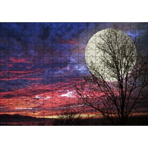 Kızıl Bulutlu Gökler, Çıplak Ağaçlar Ve Süper Ay Puzzle Yapboz Mdf Ahşap 255 Parça