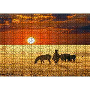 Günbatımında Savanada Zebralar Puzzle Yapboz Mdf Ahşap 1000 Parça