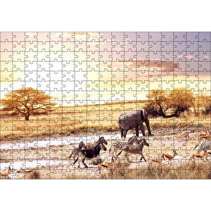 Savanada Su Kenarındaki Hayvanlar Puzzle Yapboz Mdf Ahşap 255 Parça