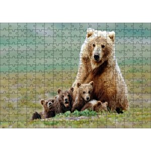 Çayırda Anne Boz Ayı Ve Sevimli Yavruları Puzzle Yapboz Mdf Ahşap 255 Parça