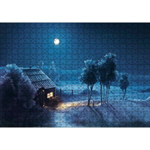 Dolunayda Şirin Kulübe Ve Bahçede Ağaçlar Puzzle Yapboz Mdf Ahşap 500 Parça