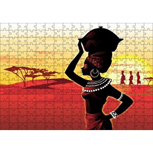 Su Taşıyan Afrikalı Kadın Günbatımı Arka Plan Puzzle Yapboz Mdf Ahşap 255 Parça