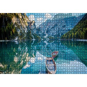Berrak Dağ Gölü Karlı Dağlar Ve İki Kayık Puzzle Yapboz Mdf Ahşap 1000 Parça