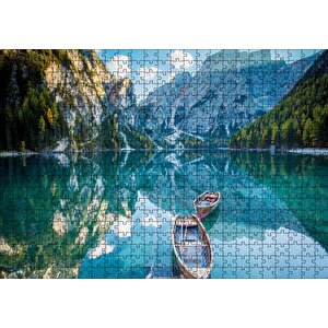 Berrak Dağ Gölü Karlı Dağlar Ve İki Kayık Puzzle Yapboz Mdf Ahşap 500 Parça