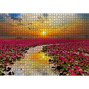 Günbatımında Gölde Pembe Çiçekler Puzzle Yapboz Mdf Ahşap 1000 Parça