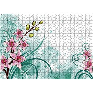 Pembe Çiçekler Yeşil Tohumlar Ve Flu Desenler Puzzle Yapboz Mdf Ahşap 500 Parça