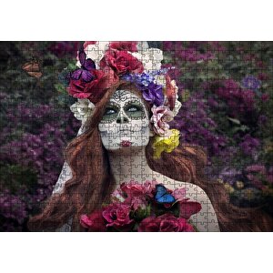 Ölülerin Günü Kadın Çiçekler Ve Kelebekler Puzzle Yapboz Mdf Ahşap 500 Parça