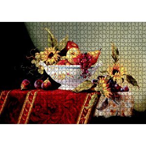 Seramik Tabakta Taze Meyveler Ve Çiçekler Puzzle Yapboz Mdf Ahşap 1000 Parça