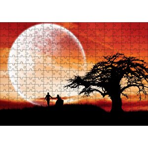 Yalnız Ağaç, Yeni Evli Çift Ve Süper Ay Puzzle Yapboz Mdf Ahşap 255 Parça