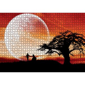 Yalnız Ağaç, Yeni Evli Çift Ve Süper Ay Puzzle Yapboz Mdf Ahşap 1000 Parça