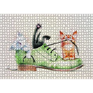 Yeşil Ayakkabı Ve İçinde Yavru Kediler Karikatür Puzzle Yapboz Mdf Ahşap 1000 Parça
