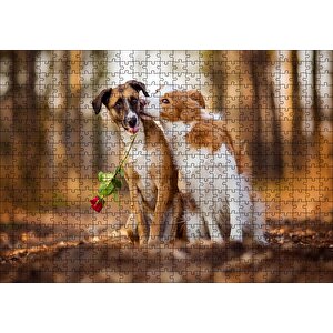 Kahverengi Beyaz Aşık Köpekler Puzzle Yapboz Mdf Ahşap 500 Parça