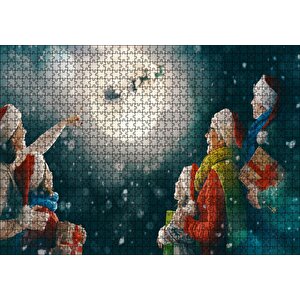 Dolunayda Noel Baba Ve Geyiklerini İzleyenler Puzzle Yapboz Mdf Ahşap 1000 Parça