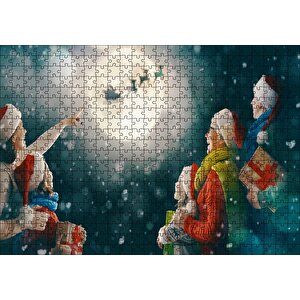 Dolunayda Noel Baba Ve Geyiklerini İzleyenler Puzzle Yapboz Mdf Ahşap 500 Parça