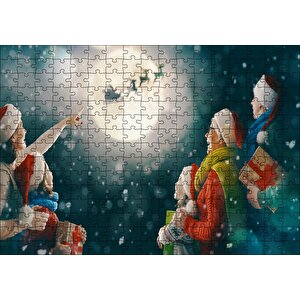 Dolunayda Noel Baba Ve Geyiklerini İzleyenler Puzzle Yapboz Mdf Ahşap 255 Parça