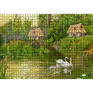 Göl Manzaralı Kulübeler Ve Kuğu Çiftiyle Yavruları Puzzle Yapboz Mdf Ahşap 1000 Parça
