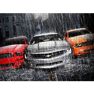 Mustang Camaro Ve Dodge Araçlar Yağmur Altında Puzzle Yapboz Mdf Ahşap 500 Parça