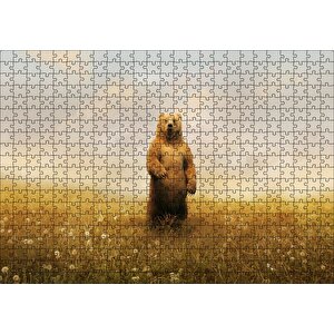 Sisli Çayırda Ayakta Duran Boz Ayı Puzzle Yapboz Mdf Ahşap 500 Parça