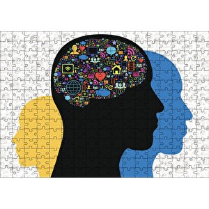 Üç Kafa Silüeti Ve Beyinde Rengarenk İmgeler Puzzle Yapboz Mdf Ahşap 255 Parça