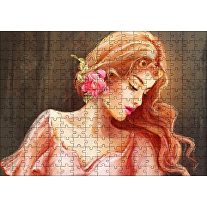 Pembe Çiçekli Bakır Saçlı Kadın Puzzle Yapboz Mdf Ahşap 255 Parça