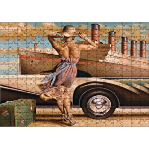 Titanik, Eski Araba Ve Yeşil Bavuluyla Genç Kadın Puzzle Yapboz Mdf Ahşap 255 Parça