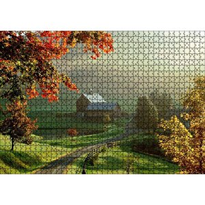 Sonbaharda Hala Yeşil Çayırlar Ve Uzaktaki Ev Puzzle Yapboz Mdf Ahşap 1000 Parça
