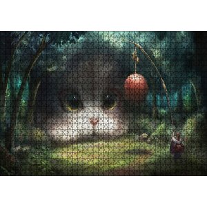 Koyu Orman Ve Sevimli Dev Kedicik Puzzle Yapboz Mdf Ahşap 1000 Parça