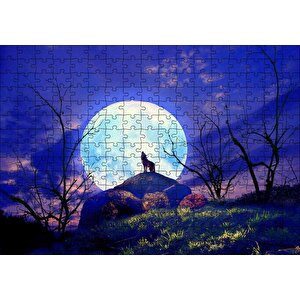 Çıplak Ağaçlar, Uluyan Kurt Ve Süper Ay Puzzle Yapboz Mdf Ahşap 255 Parça