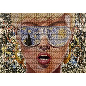 Yıldızlı Gece Desenli Gözlüklü Retro Kız Puzzle Yapboz Mdf Ahşap 1000 Parça