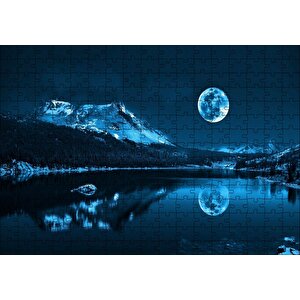 Karlı Dağ, Orman, Göl Ve Süper Ay Puzzle Yapboz Mdf Ahşap 255 Parça