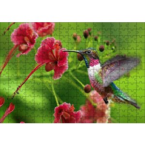 Kırmızı Çiçekler Ve Sinek Kuşu Puzzle Yapboz Mdf Ahşap 255 Parça