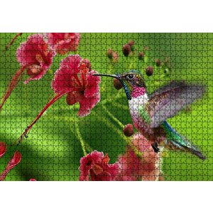 Kırmızı Çiçekler Ve Sinek Kuşu Puzzle Yapboz Mdf Ahşap 1000 Parça