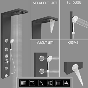 Venüs Metalik Füme  Premium Şelaleli Masajlı Duş Paneli
