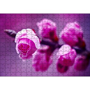 Pembe Gül Dalı Görseli Puzzle Yapboz Mdf Ahşap 255 Parça