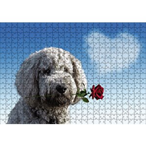 Sevimli Köpek Gül Kalp Aşk Puzzle Yapboz Mdf Ahşap 500 Parça