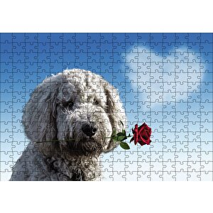 Sevimli Köpek Gül Kalp Aşk Puzzle Yapboz Mdf Ahşap 255 Parça