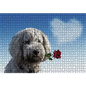 Sevimli Köpek Gül Kalp Aşk Puzzle Yapboz Mdf Ahşap 1000 Parça