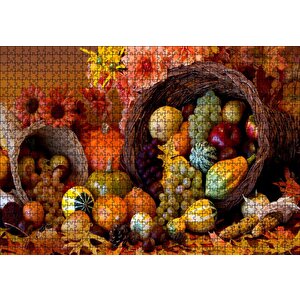 Sepetler Ve Dökülen Karışık Meyveler Puzzle Yapboz Mdf Ahşap 1000 Parça