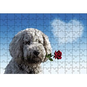 Sevimli Köpek Gül Kalp Aşk Puzzle Yapboz Mdf Ahşap 120 Parça