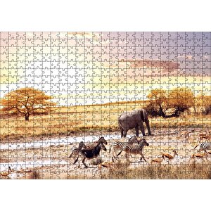 Savanada Su Kenarındaki Hayvanlar Puzzle Yapboz Mdf Ahşap 500 Parça