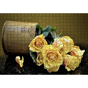 Ahşap Vazodan Dökülen Sarı Güller Puzzle Yapboz Mdf Ahşap 500 Parça