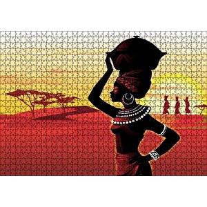 Su Taşıyan Afrikalı Kadın Günbatımı Arka Plan Puzzle Yapboz Mdf Ahşap 1000 Parça