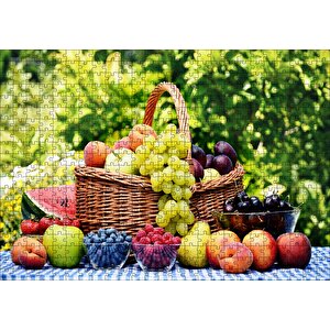 Sepette Taze Meyveler Arka Planda Ağaçlar Puzzle Yapboz Mdf Ahşap 500 Parça