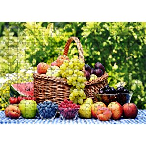 Sepette Taze Meyveler Arka Planda Ağaçlar Puzzle Yapboz Mdf Ahşap 255 Parça
