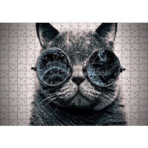 Gözlüklü Siyah Kedi Ve Formüller Puzzle Yapboz Mdf Ahşap 255 Parça