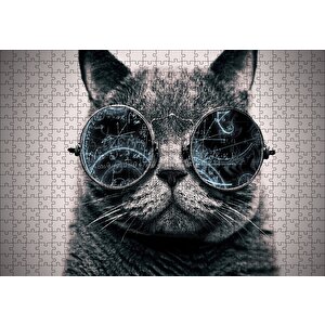Gözlüklü Siyah Kedi Ve Formüller Puzzle Yapboz Mdf Ahşap 500 Parça
