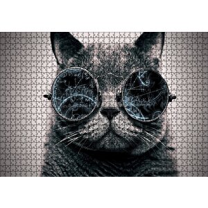 Gözlüklü Siyah Kedi Ve Formüller Puzzle Yapboz Mdf Ahşap 1000 Parça