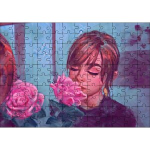 Gözleri Kapalı Kız Ve Pembe Gül Puzzle Yapboz Mdf Ahşap 120 Parça